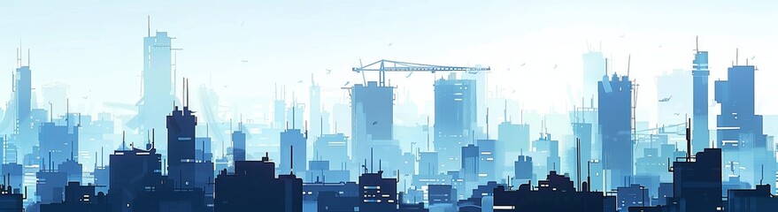 Obraz premium A vibrant city skyline showcases various high-rise buildings, some under construction, reflecting urban development in a lively atmosphere