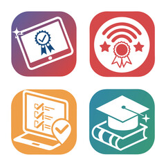 Set of education icons, featuring online learning, digital courses, certificates, and graduation symbols, representing academic achievement and skill development