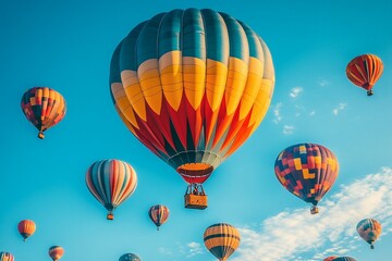 Obraz premium Colorful Hot Air Balloons Soaring Through a Bright Blue Sky