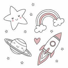 Illustration of a star, rainbow, rocket, and planet with rings, cute and dreamy space themed design for kids, perfect for nursery decor and sweet dreams