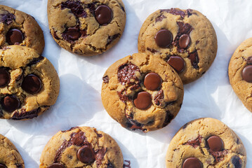 freshly baked homemade chocolate chip cookies on baking paper background