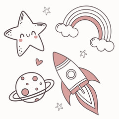 Cute kawaii space elements featuring a star, planet, rocket, rainbow, and heart, perfect for childrens designs and nursery decorations with a dreamy feel
