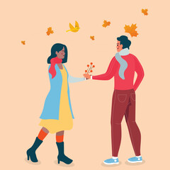 Couple in Autumn Holding Hands Under Falling Leaves