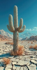 Desert saguaro cactus in cracked earth, vibrant sunlight