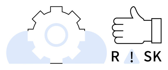 Gear mechanism beside thumbs-up gesture and risk text with warning sign. Ideal for risk management, decision-making, business analysis, operational strategy, compliance, teamwork, simple landing page