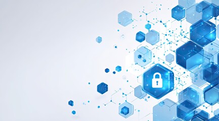 Abstract digital graphic of interconnected hexagons and cubes, light blue and transparent, with a security lock icon