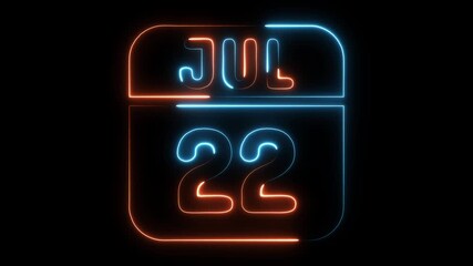 Neon calendar date July twenty second glowing abstract background futuristic digital display month day event planning