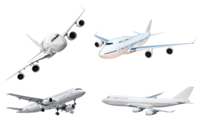 airplane set, commercial jet planes isolated on white background.