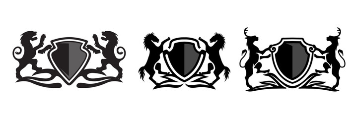 A set of vintage heraldic crest logos featuring shield, lion, horse, and deer silhouettes. Perfect for luxury branding, royal emblem, coat of arms, hotel logo, sports club, or premium fashion identity
