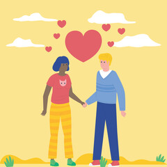 Couple Holding Hands with Hearts in the Sky