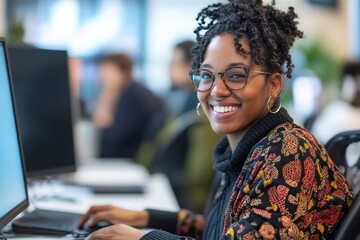 Inclusive happy smiling Black African American disabled female office worker, wheelchair-bound, collaborating with colleagues in a DEIB-positive workplace, Generative AI