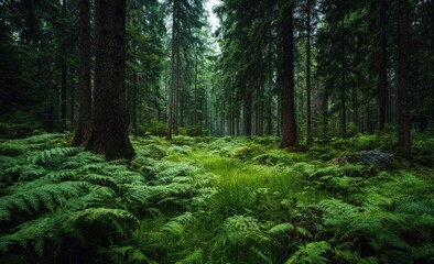 Lush, green forest floor, tall trees, misty atmosphere