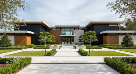 Fototapeta premium Modern luxurious house with well - manicured lawn and landscaped front yard