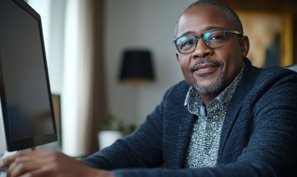 Mature middle-aged African American financial mortgage advisor working remotely from home, participating in a virtual video call with a client. The image reflects senior leadership, Generative AI