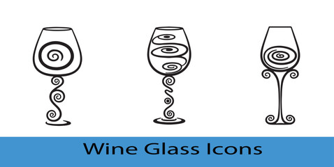 Set of Artistic Wine Glass Icons with Swirl Design
