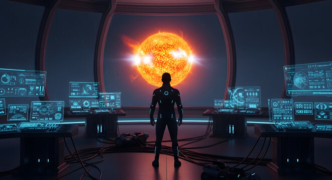 A lone astronaut in a futuristic suit stands on the command bridge of a spaceship gazing at a fiery sun through a panoramic window surrounded by advanced holographic displays.