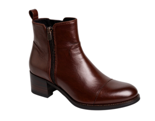 “Classic Leather Ankle Boot with Zipper Design, top-down view, isolated on a transparent background”.