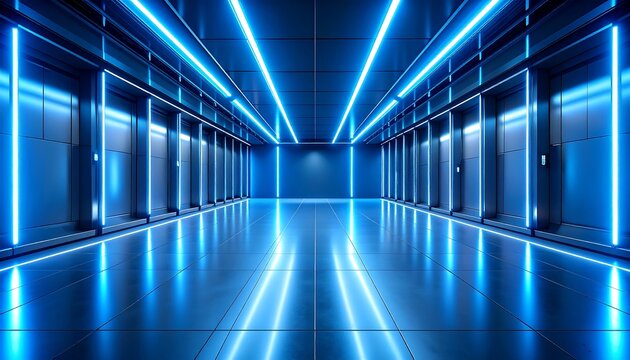 Reflective hallway with vibrant blue neon lights and metallic doors