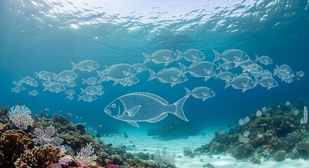Fototapeta premium School of Fish Swimming Underwater Near Colorful Coral Reef