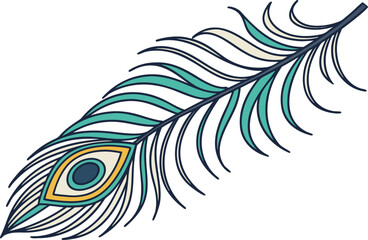 Peacock Feather Illustration with Colorful Details. Elegant Peacock Feather Artwork in Bright Exotic Style. Decorative Peacock Feather Drawing with Eye Pattern. Realistic Peacock Feather Painting