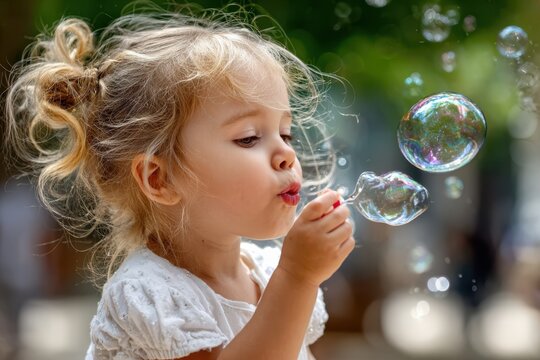 Little Girl Blowing Bubbles in a Sunny Park, Childhood Fun and Joy