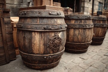 Obraz premium Aged wooden barrels on cobblestones