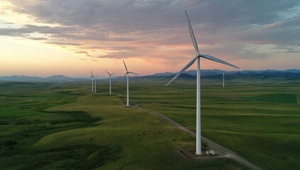 Aerial view of wind turbines on a grassy plain at sunset