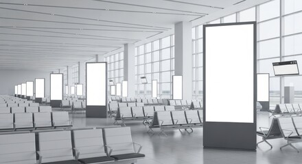 Modern airport interior with empty display boards and seating