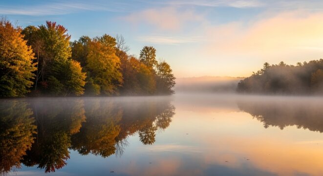 Serene morning scene with misty lake and colorful autumn trees - Powered by Adobe
