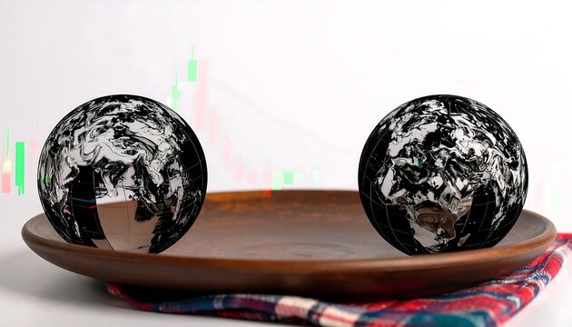 Two glass globes, world map etched, sit on a wooden plate atop a cloth. A translucent stock chart floats nearby - Powered by Adobe