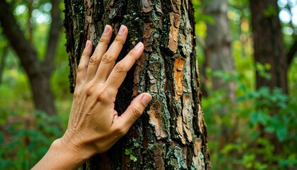 A persons hand gently touching the rough bark of a tree trunk in a lush green forest.