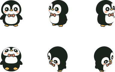 Chubby penguins in different views front side and turned