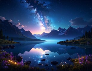 Mountain lake at night, starry sky