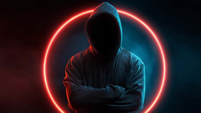 A person is standing in front of a glowing circle. The person is wearing a black hoodie. Hacker silhouette with glowing crypto ban sign overlay, crypto ban, dark caution neon blue-red background