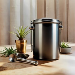 Stainless steel pot and metal trash can isolated on white background