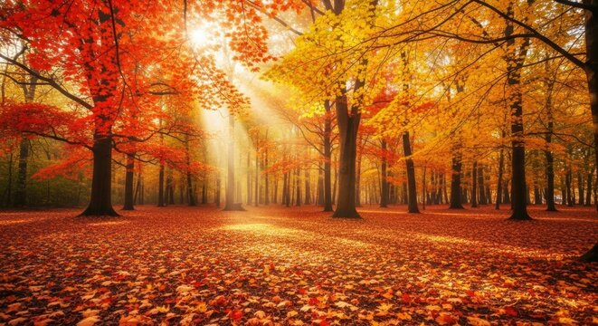 Beautiful autumn forest with sunbeams filtering through colorful trees