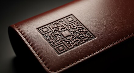 Brown Leather Wallet Embossed with Square Qr Code on Dark Background