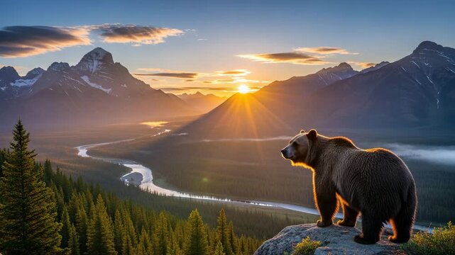 Majestic grizzly bear watches sunrise over a valley nestled amongst towering mountains.