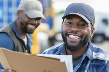 Happy Truck Driver Handing Bill of Lading to Dock Staff at Warehouse
