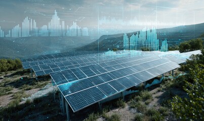 Solar panels on a hillside, overlaid with financial data graphics