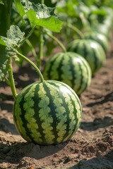 Rows of ripe watermelons are thriving in a sunlit field, surrounded by vibrant green leaves and enriched soil