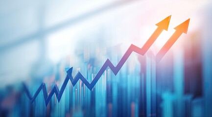 Abstract graphic of upward trending charts on a blurred background of city or office buildings