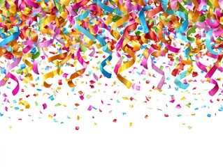 Colorful confetti and streamers cascading downwards on a white background