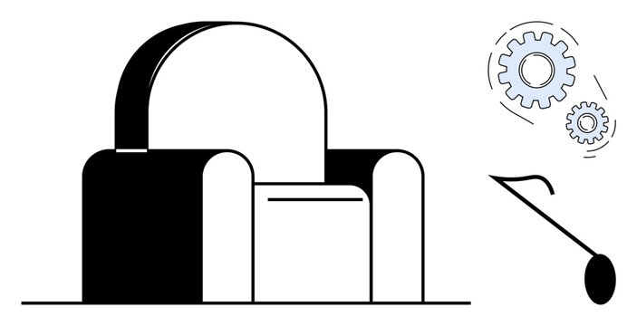 Minimalist armchair design paired with gears and magnifying glass. Ideal for comfort, innovation, technology, creativity, productivity, analytics, improvement. Modern flat visual metaphor