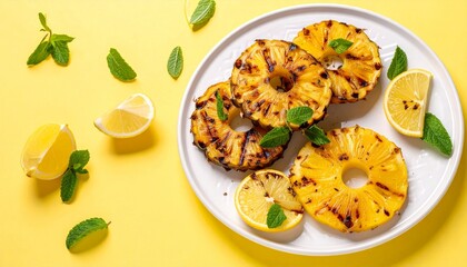 Delicious grilled fish and roasted potatoes on a wooden background with yellow flowers and Easter eggs
