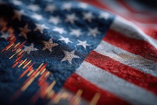 Close-up of the American flag with superimposed stock market data
