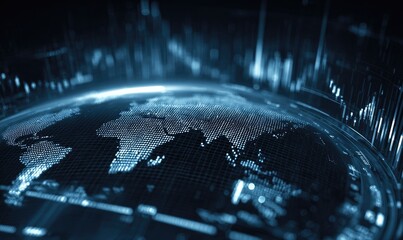 A digital globe, overlaid with global financial data visualizations