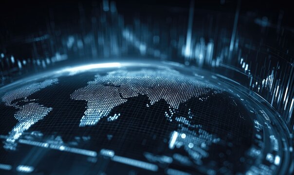 A digital globe, overlaid with global financial data visualizations