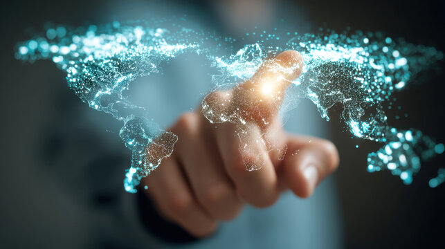 Digital world map with glowing connections, showcasing global communication and technology. hand interacts with map, symbolizing innovation and connectivity