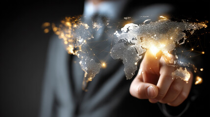 Businessman interacts with digital world map, showcasing global connectivity and technology. image conveys innovation and impact of digital communication on international business